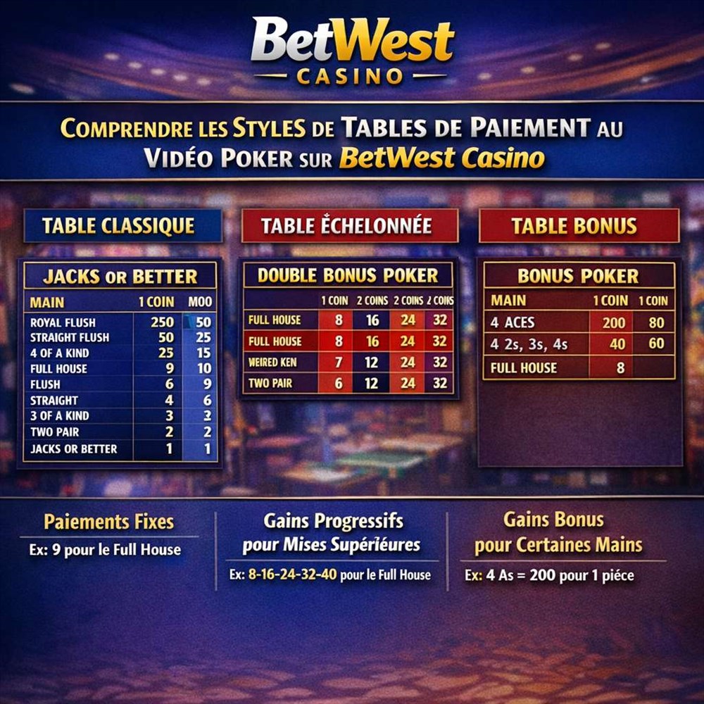 Comprendre les styles de tables de paiement au vidéo poker sur BetWest Casino